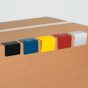 plastic strap guards of multiple colors pictures on a box corner